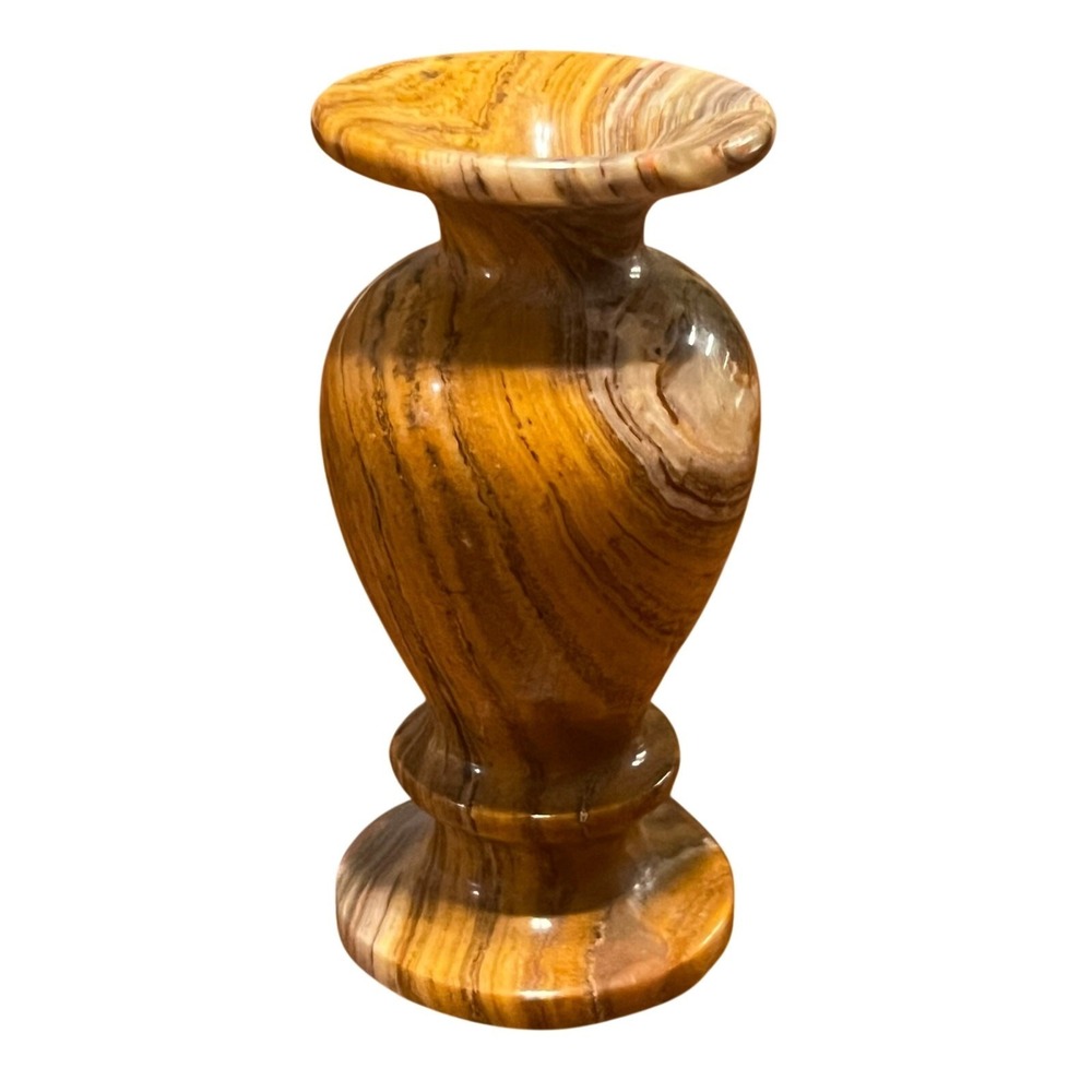 Onyx Stone Bud Vase Carved Polished Marbled Brown Tan Swirled 4" Earth Tones